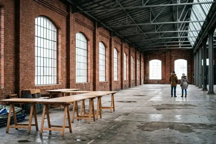 Weite, leere Industriehalle aus rotem Backstein mit hohen Fenstern und einigen unbesetzten Holztischen im Raum.