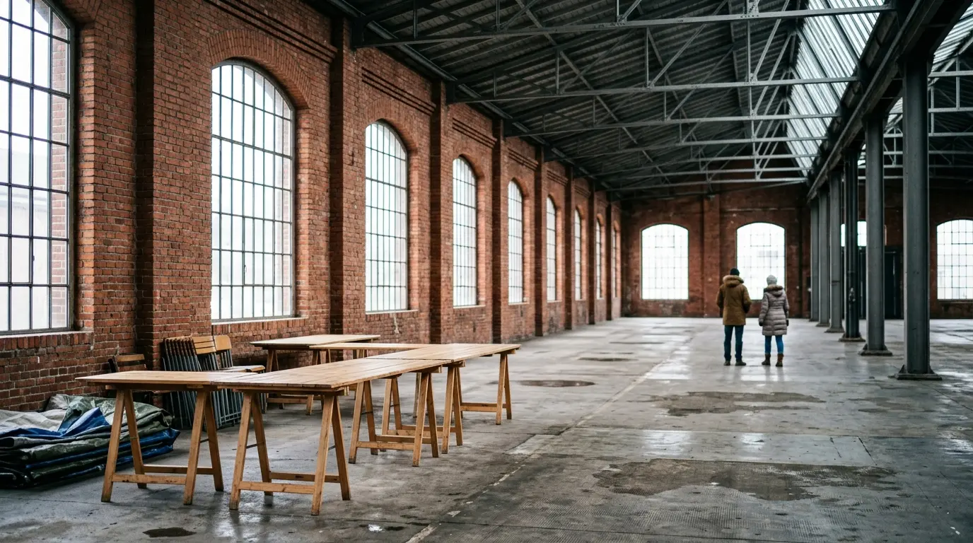 Weite, leere Industriehalle aus rotem Backstein mit hohen Fenstern und einigen unbesetzten Holztischen im Raum.