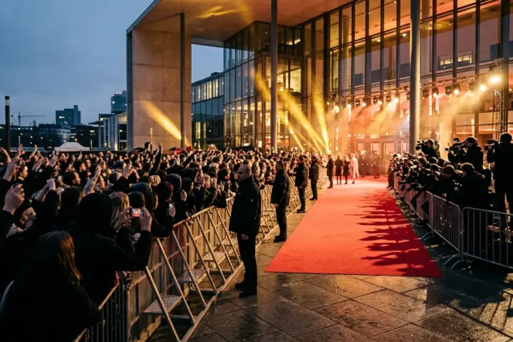 Roter Teppich vor einer modernen Veranstaltungshalle bei Dämmerung, gesäumt von wartenden Zuschauern von hinten.