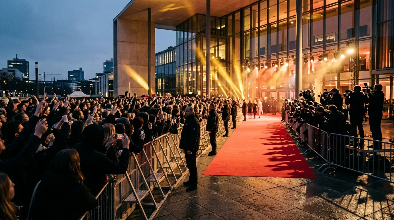 Roter Teppich vor einer modernen Veranstaltungshalle bei Dämmerung, gesäumt von wartenden Zuschauern von hinten.