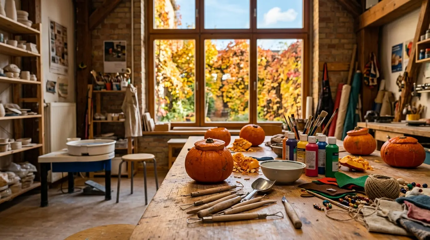 Heller Werkraum mit einer Holzwerkbank, Kürbissen, Töpferscheibe und Fensterausblick auf herbstliche Bäume.