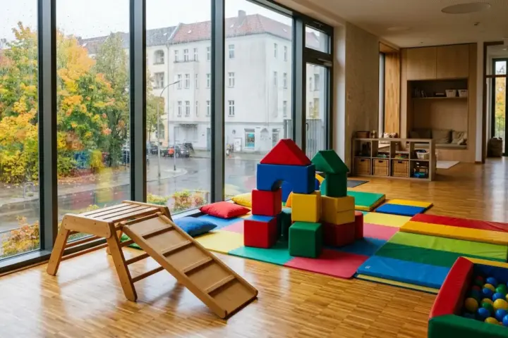 Heller Raum für Winterspielplätze Mitte mit bunten Schaumstoffblöcken und Matten.