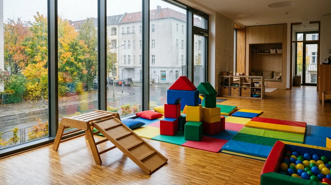 Heller Raum für Winterspielplätze Mitte mit bunten Schaumstoffblöcken und Matten.