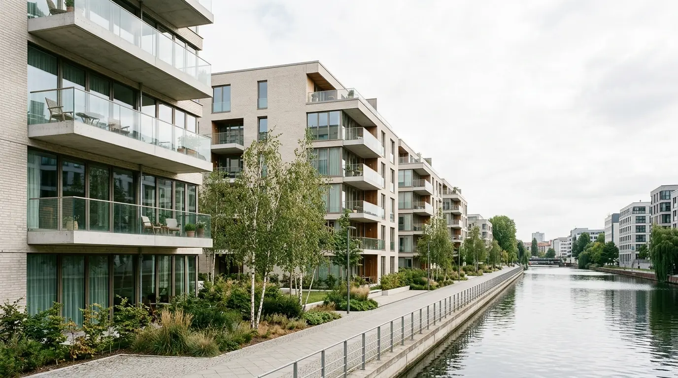 Moderne mehrstöckige Wohnanlage aus hellem Beton und Glas an einer Uferpromenade in Moabit bei Tageslicht.