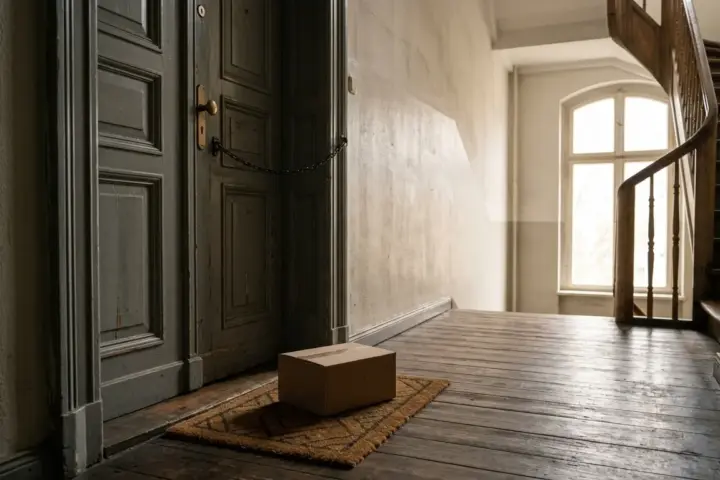 Eine geschlossene Altbau-Wohnungstür mit Sicherheitskette im Treppenhaus, daneben ein Paket auf einer Fußmatte.