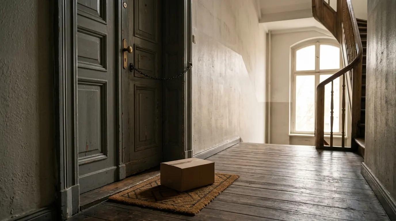 Eine geschlossene Altbau-Wohnungstür mit Sicherheitskette im Treppenhaus, daneben ein Paket auf einer Fußmatte.
