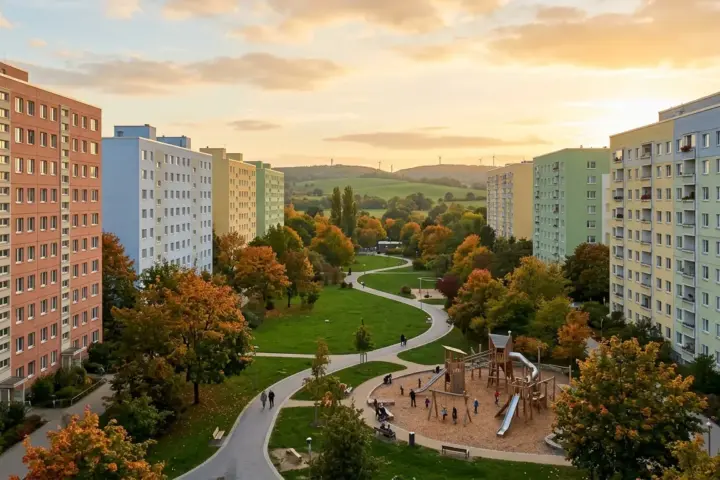 Sanierte elfgeschossige Plattenbauten rahmen einen herbstlichen Innenhof mit Spielplatz und Wegen im warmen Abendlicht ein.