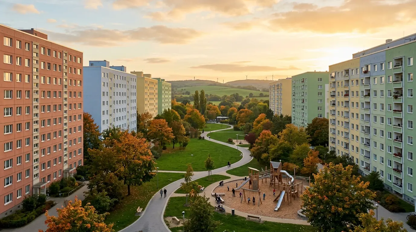 Sanierte elfgeschossige Plattenbauten rahmen einen herbstlichen Innenhof mit Spielplatz und Wegen im warmen Abendlicht ein.