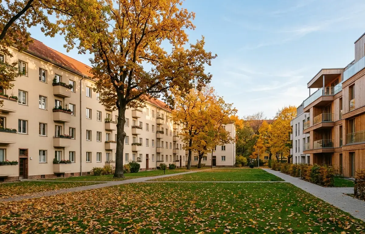 Viergeschossige helle Wohnzeilen hinter Rasenflächen mit Laubbäumen und ein angrenzendes Holzgebäude im Herbstlicht.