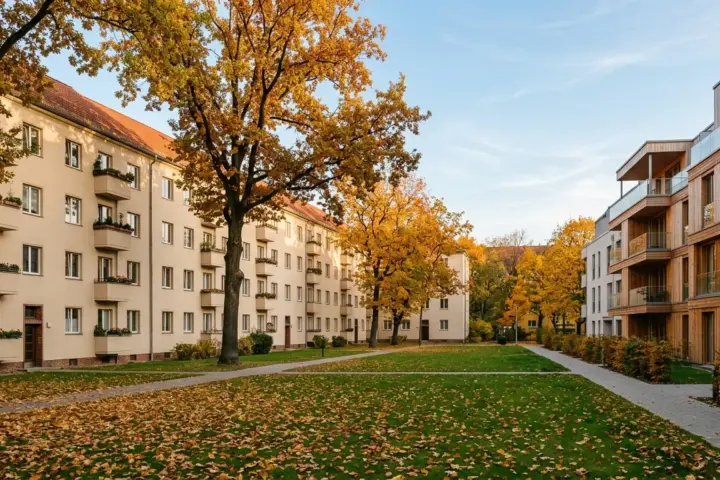 Viergeschossige helle Wohnzeilen hinter Rasenflächen mit Laubbäumen und ein angrenzendes Holzgebäude im Herbstlicht.