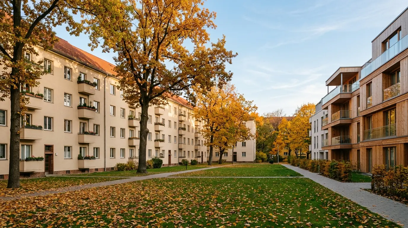 Viergeschossige helle Wohnzeilen hinter Rasenflächen mit Laubbäumen und ein angrenzendes Holzgebäude im Herbstlicht.