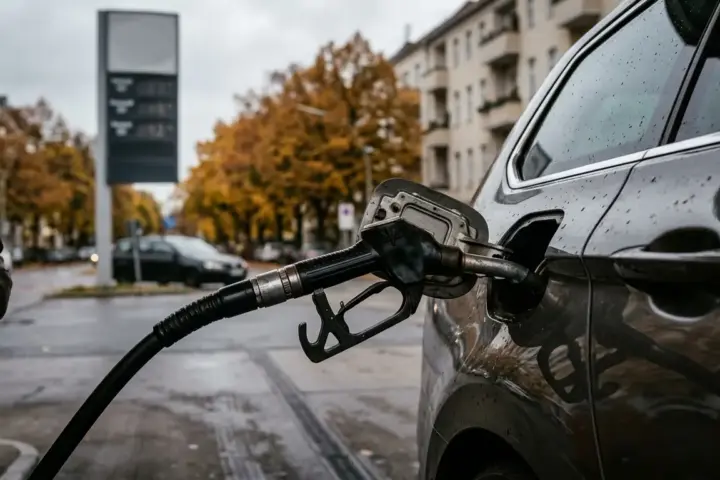 Eine Zapfpistole steckt im Tankstutzen eines Autos an einer Berliner Tankstelle an einem Herbstnachmittag.