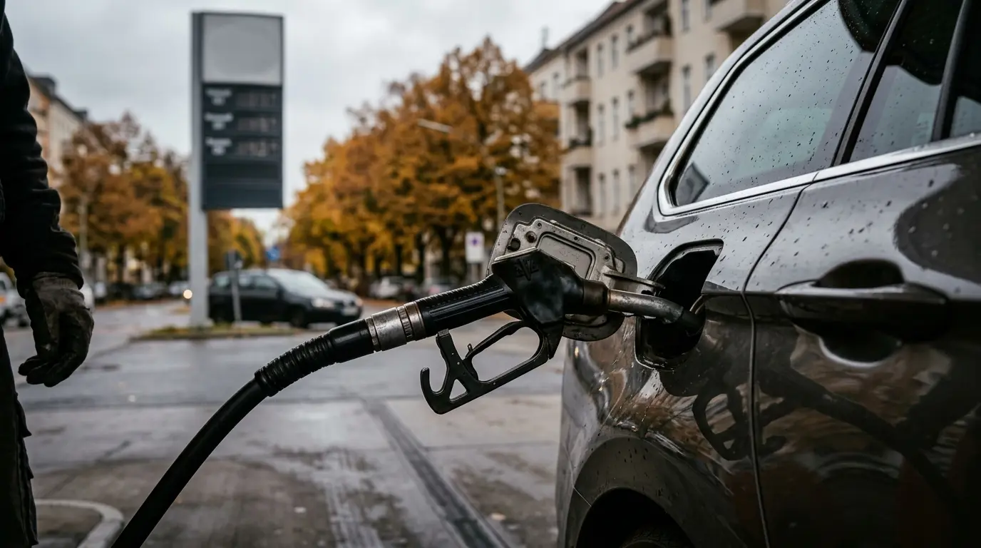 Eine Zapfpistole steckt im Tankstutzen eines Autos an einer Berliner Tankstelle an einem Herbstnachmittag.