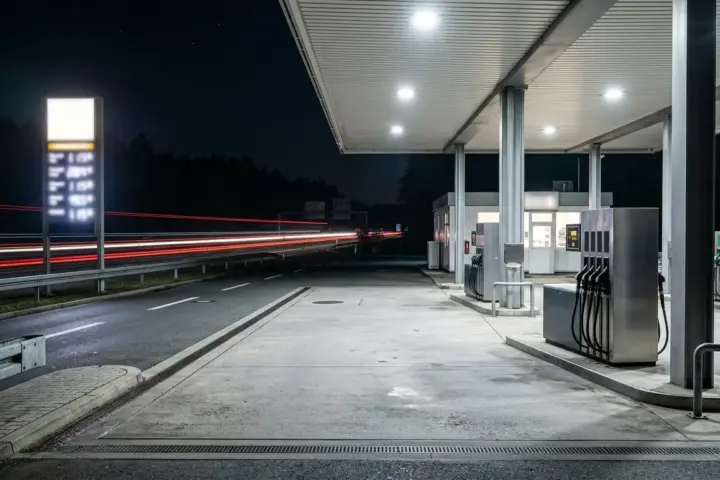 Zapfsäulen einer nächtlichen Autobahntankstelle, an der Autofahrer den höchsten Dieselpreis in Deutschland zahlen.