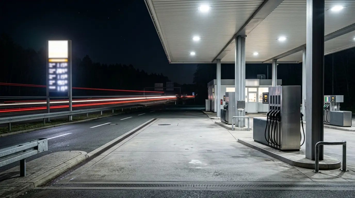 Zapfsäulen einer nächtlichen Autobahntankstelle, an der Autofahrer den höchsten Dieselpreis in Deutschland zahlen.